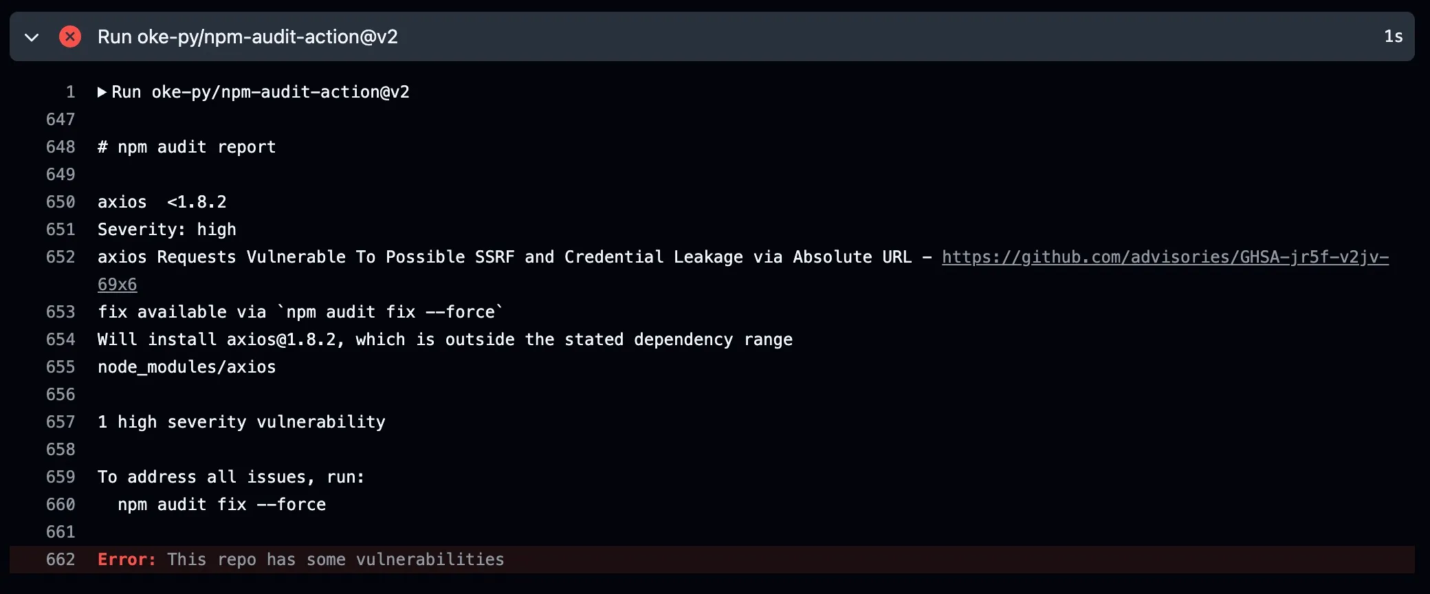 GitHub Actions failed by the NPM audit issue with Axios